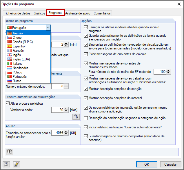 Selecionar idioma do programa