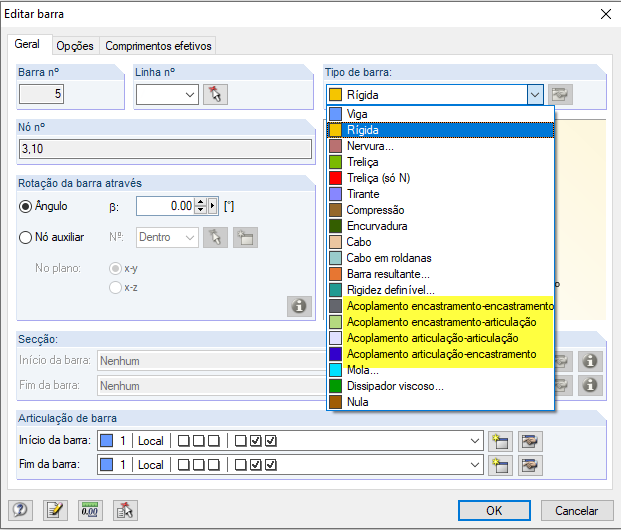 Tipos de barra "Rígida" e "Acoplamento"