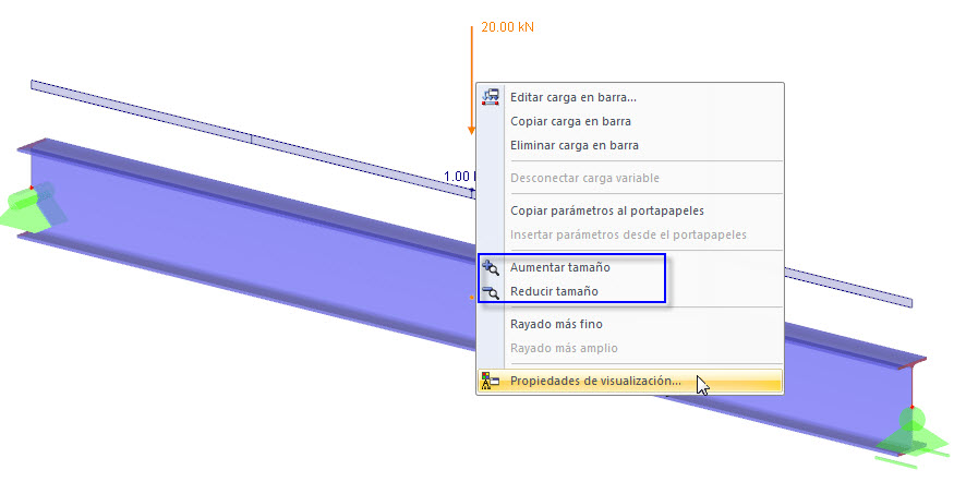 Menu de atalho da carga