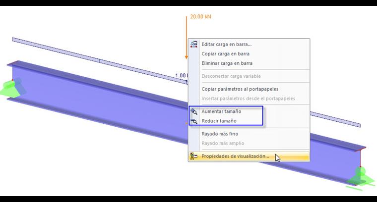 Menu de atalho da carga