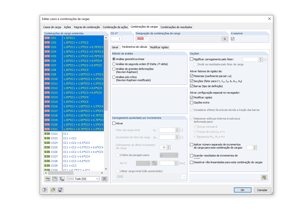 Alteração do método de análise para combinações de cargas selecionadas