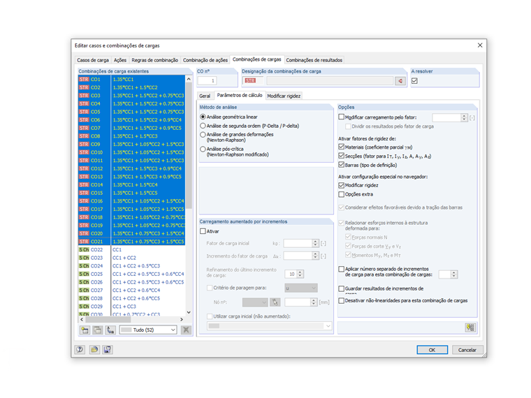 Alteração do método de análise para combinações de cargas selecionadas