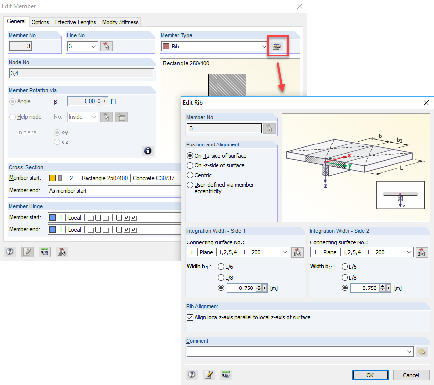 Nervura com larguras de integração
