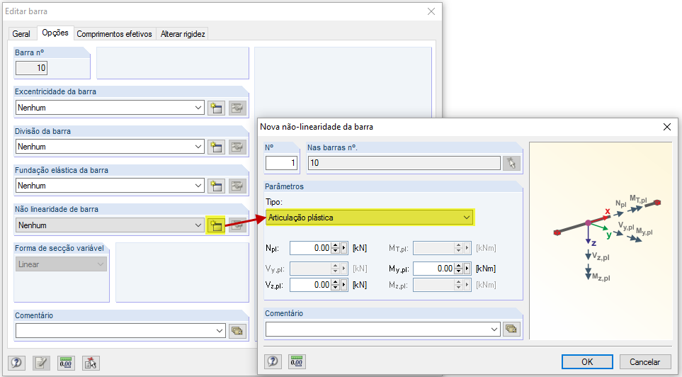 Definição da articulação de plástico como não linearidade de barra