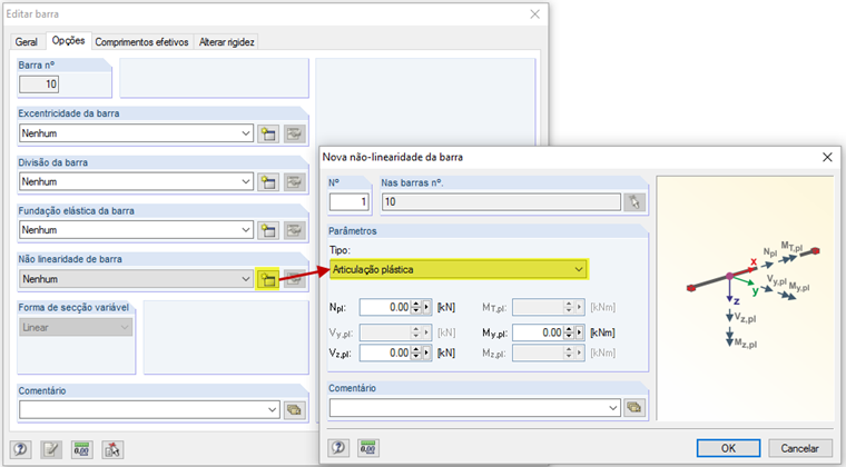 Definição da articulação de plástico como não linearidade de barra