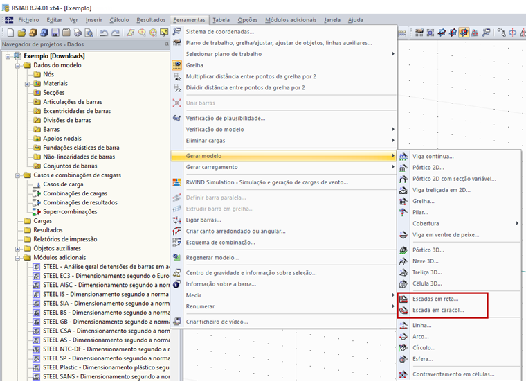 Menu do RSTAB para criar escadas