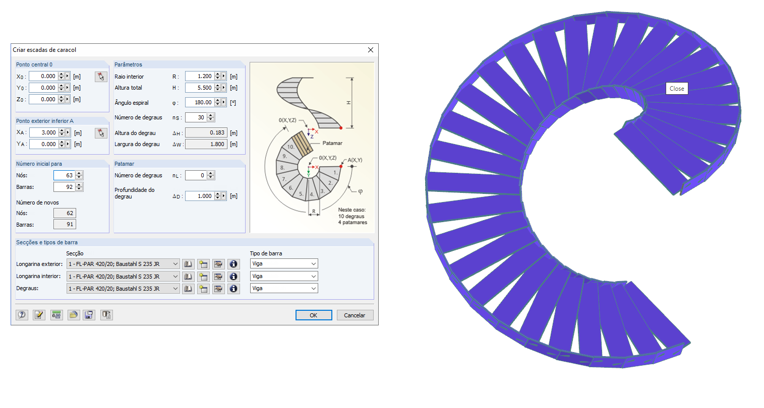 Caixa de diálogo Criar escadas de caracol