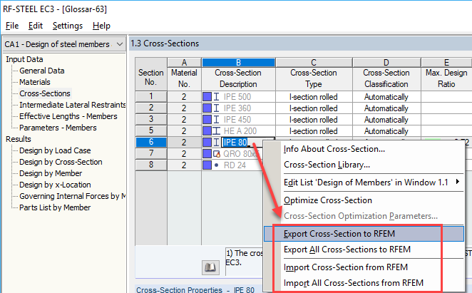 Exportar secção modificada para o RFEM