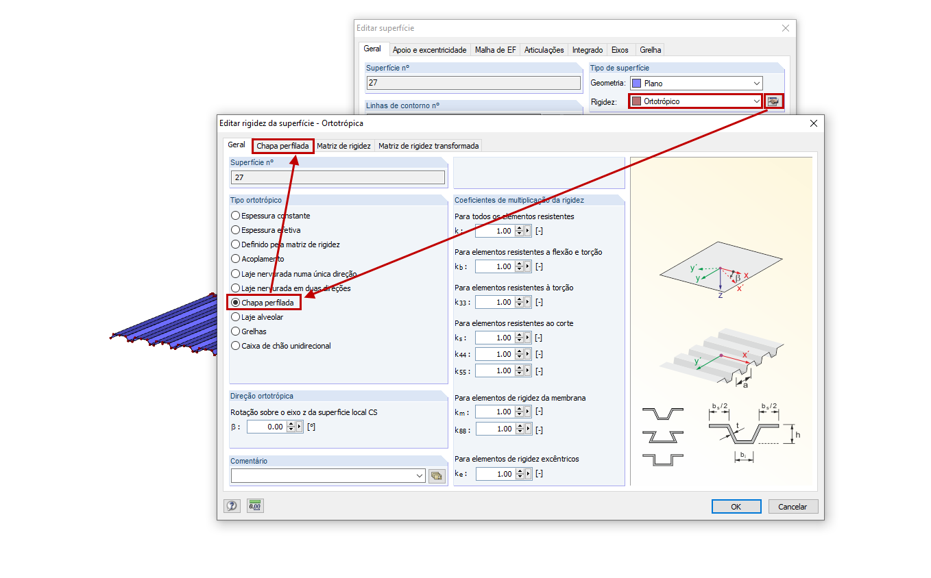 Tipo de superfície com rigidez "Ortotrópico"