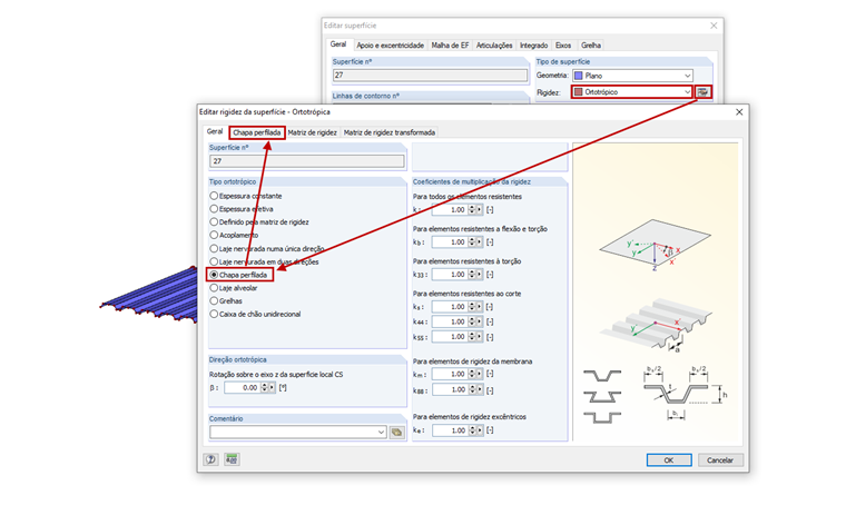 Tipo de superfície com rigidez "Ortotrópico"