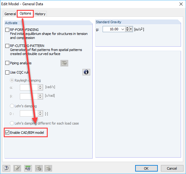 Opção "Ativar modelo CAD-BIM"