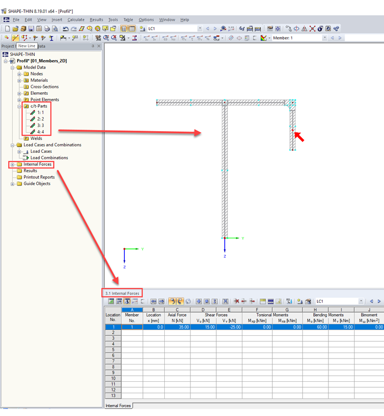 Forças internas e partes c/t para propriedades de secção efetiva