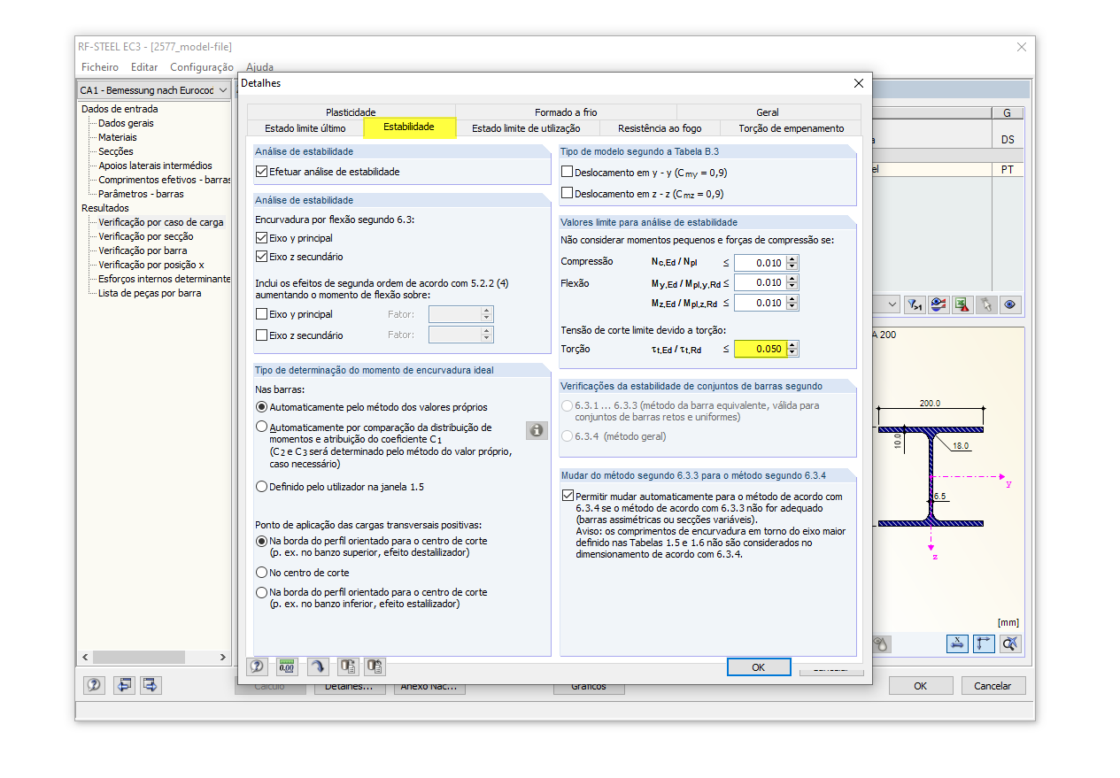 Tensão de corte limite devido a torção