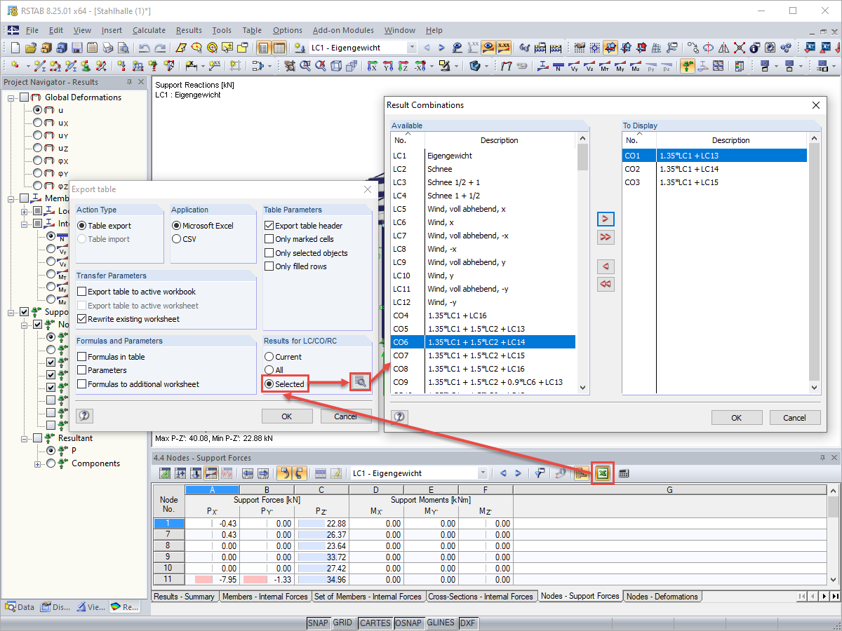 Exportação de forças de apoio nodais de CC/CO/CR selecionados para o Excel