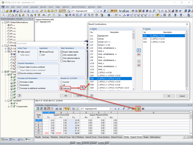 Exportação de forças de apoio nodais de CC/CO/CR selecionados para o Excel