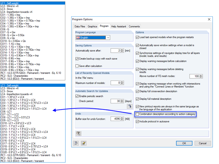 Descrição das combinações de acordo com a categoria de ação