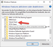 Ativação do cliente Telnet nos recursos do Windows