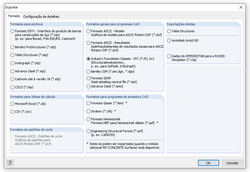 Interface de exportação do RFEM