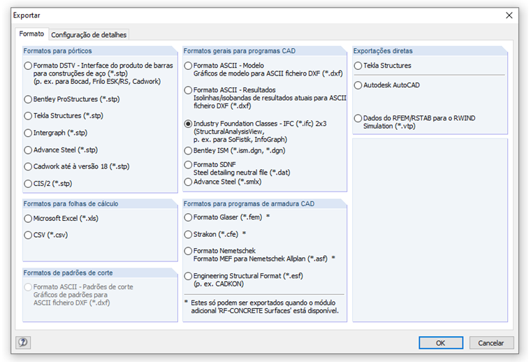 Interface de exportação do RFEM