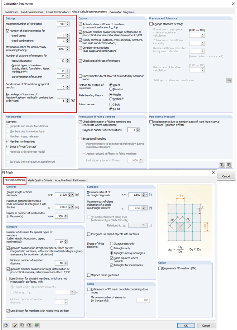 Configurações dos parâmetros de cálculo e configurações da malha de EF