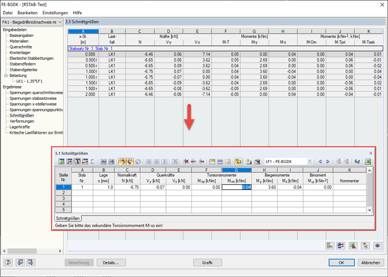 Transferência manual de forças internas e momentos do FE-LTB para o SHAPE-THIN Tabela 3.1