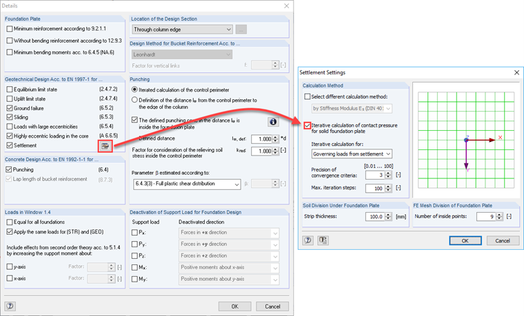 Configurações detalhadas para o cálculo de assentamento