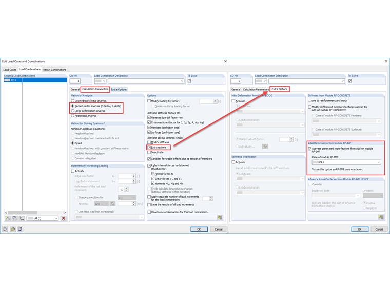 Configurações nas combinações de carga