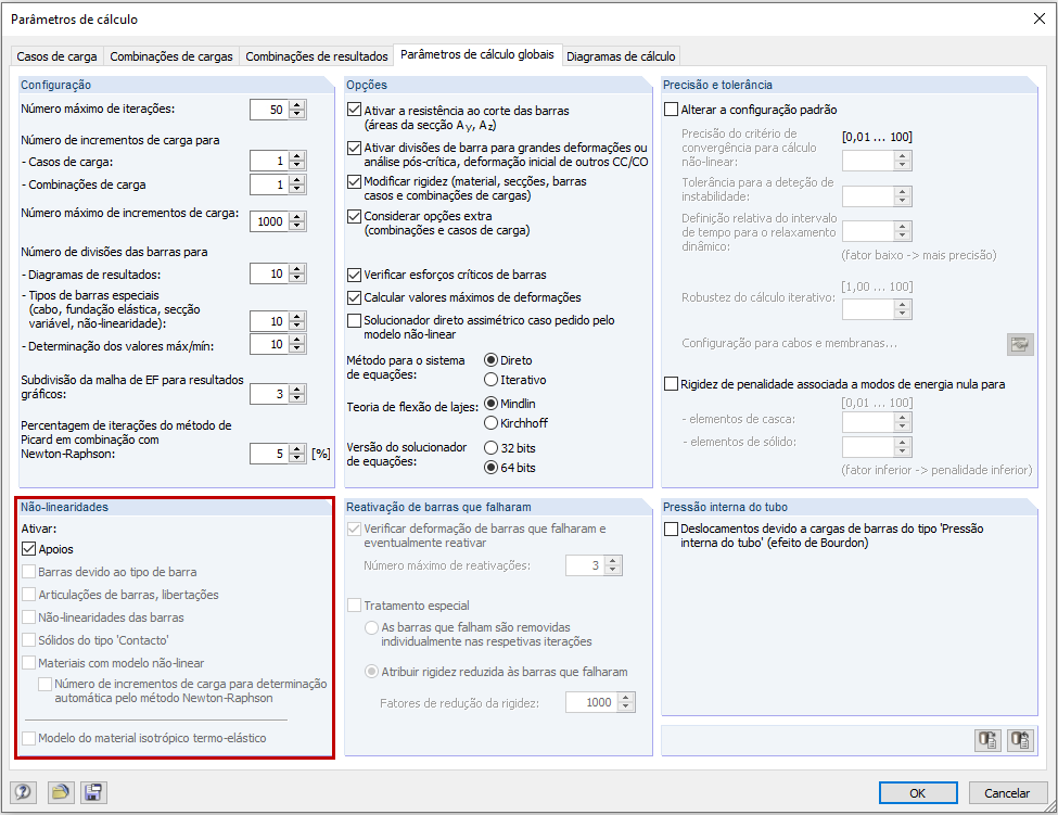 Parâmetros de cálculo com não linearidades na estrutura introduzida