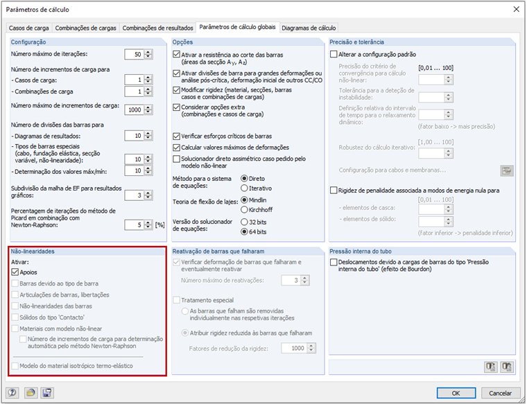 Parâmetros de cálculo com não linearidades na estrutura introduzida