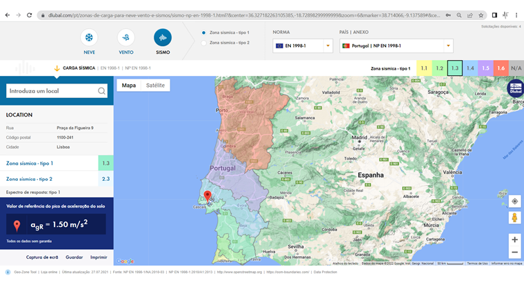 Serviço online 'Ferramenta de geolocalização: mapas de zonas com neve, vento e sismos'