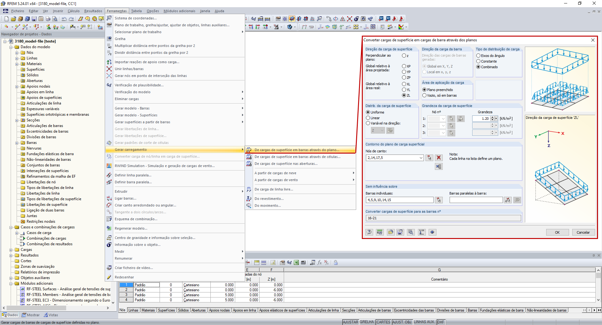 Funções no menu Ferramentas → Gerar cargas