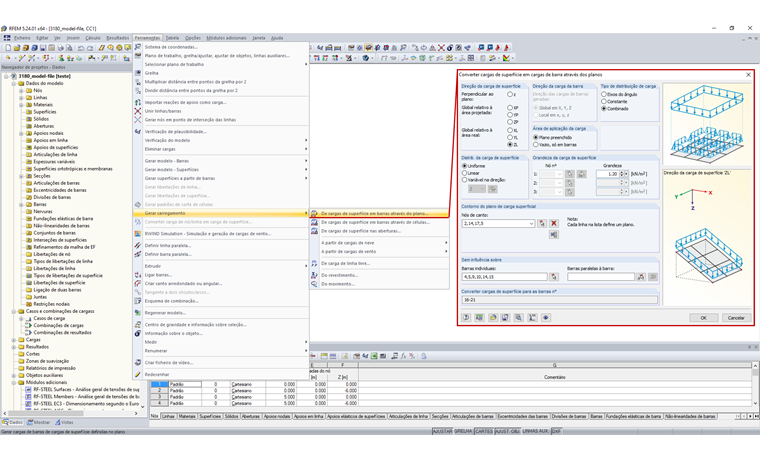 Funções no menu Ferramentas → Gerar cargas