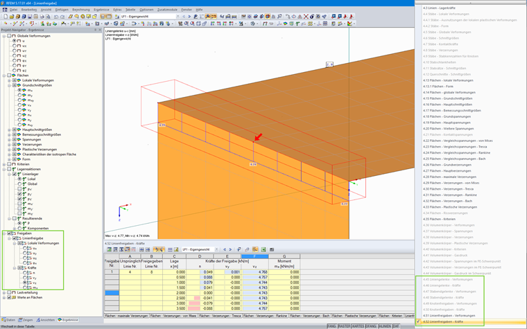 Visualização gráfica e em tabelas dos esforços de uma libertação de linha