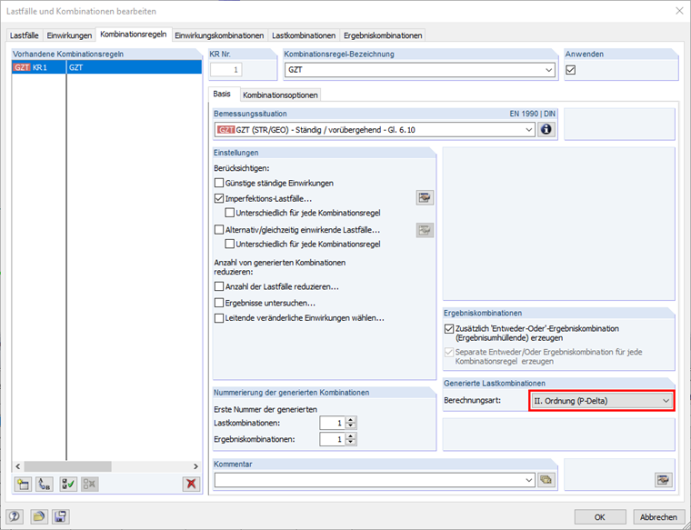 Expressão de combinação para o cálculo de acordo com a análise de segunda ordem, incluindo imperfeições