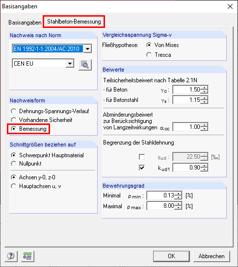 Dimensionamento de betão armado com a forma de verificação "Dimensionamento"