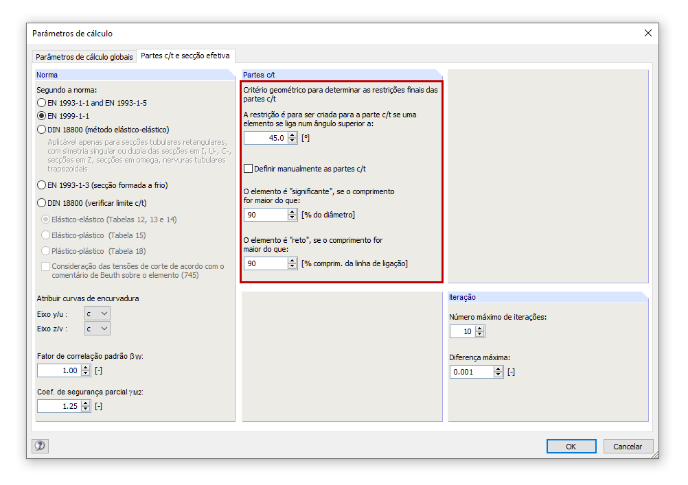Caixa de diálogo Parâmetros de cálculo, separador Partes c/t e secção efetiva