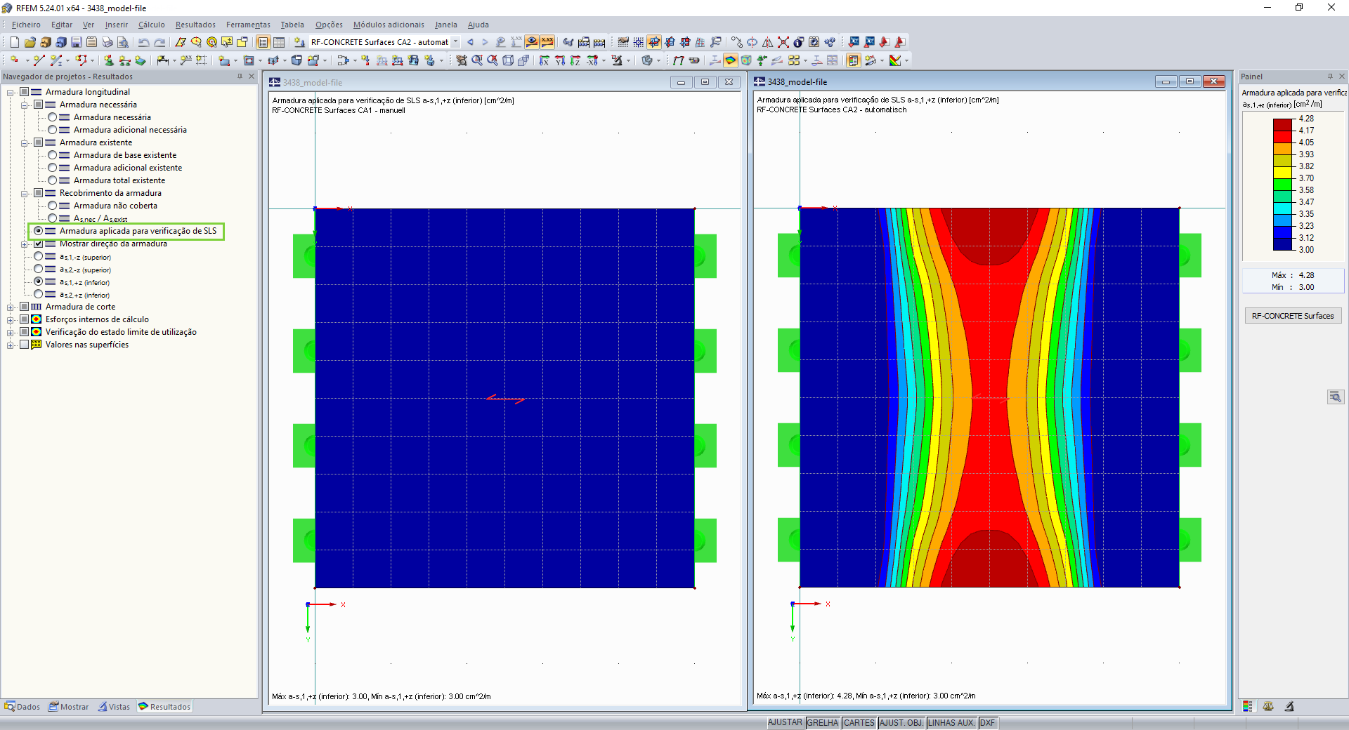 Visualização gráfica da armadura aplicada para a verificação de SLS