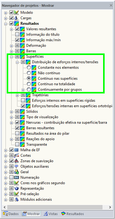 Configuração para suavização dos esforços internos da superfície no RFEM