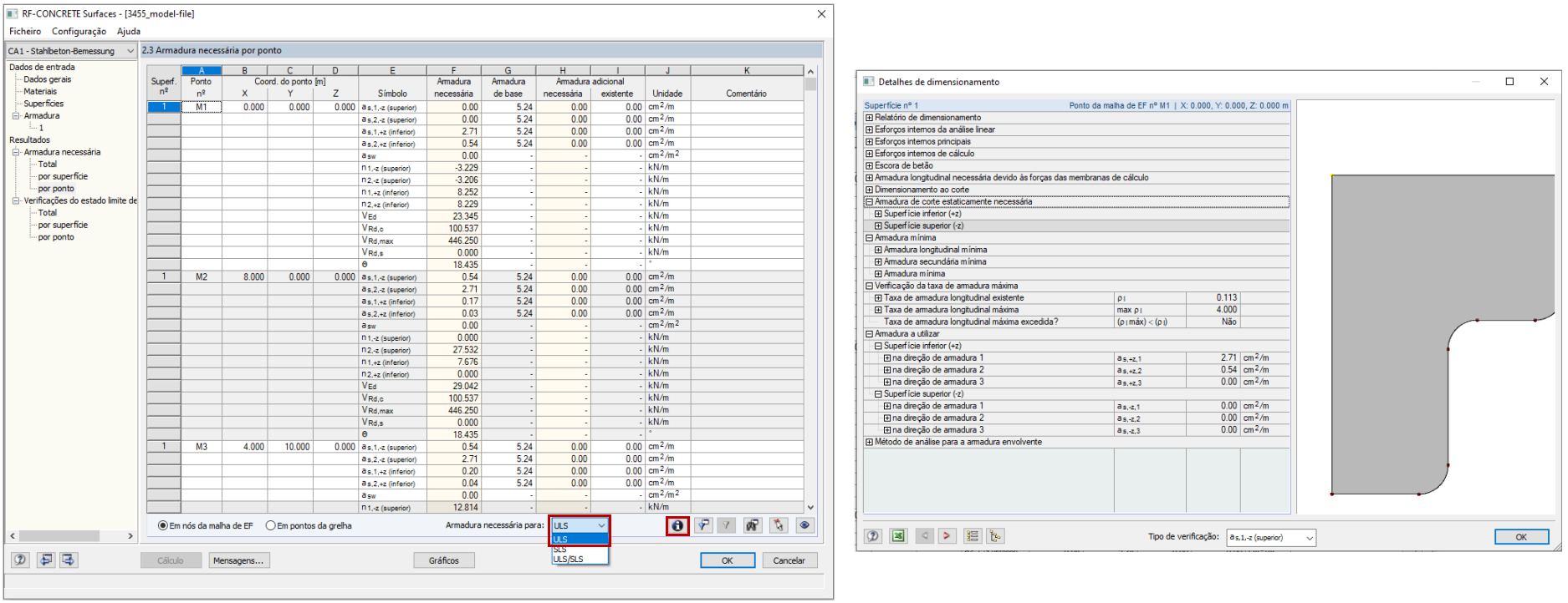 Detalhes de dimensionamento para o estado limite último ULS