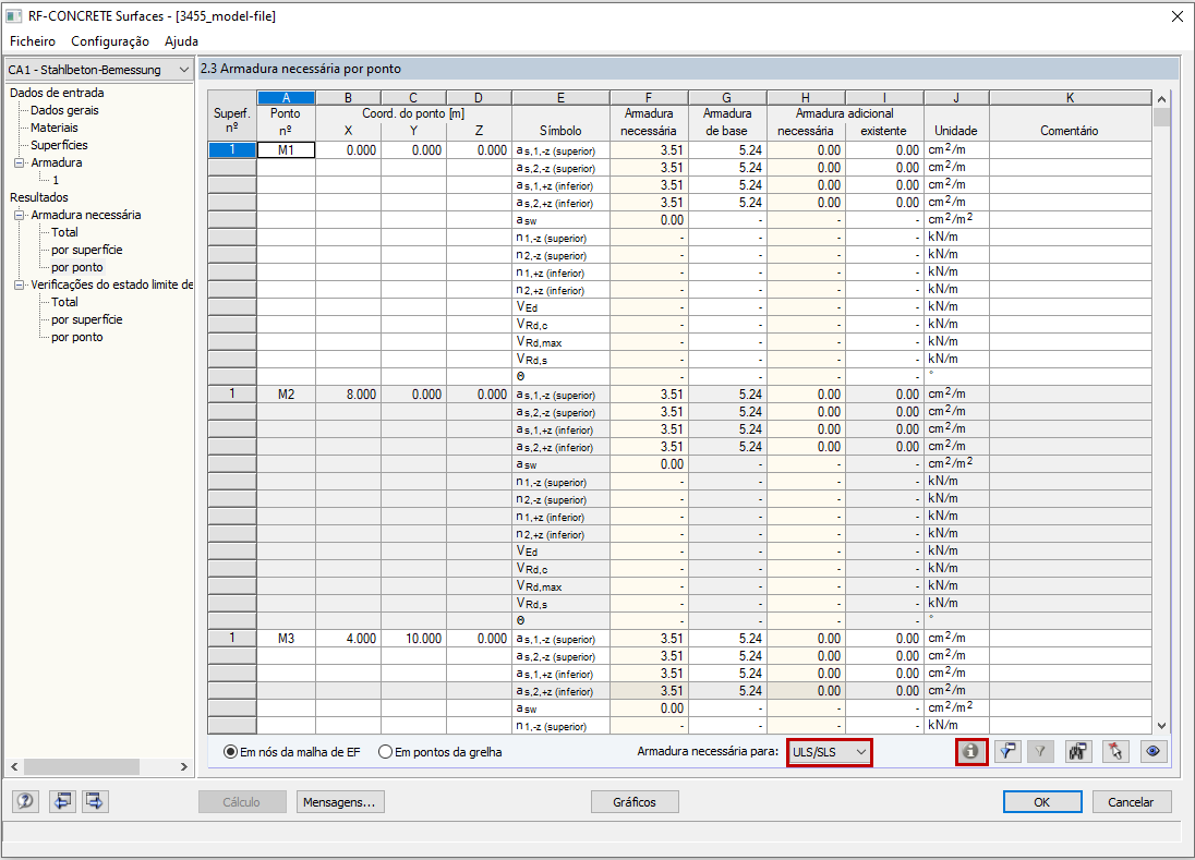 Nenhum detalhe de dimensionamento para SLS, a combinação de ULS/SLS