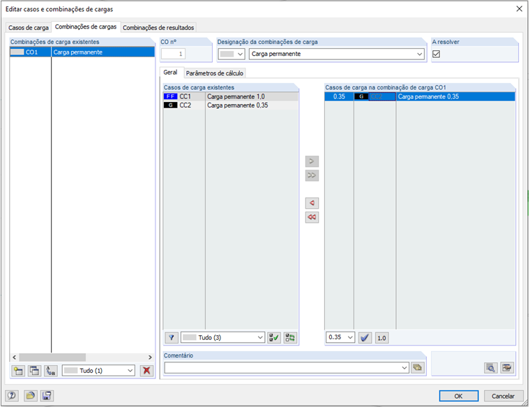Criar a combinação de cargas