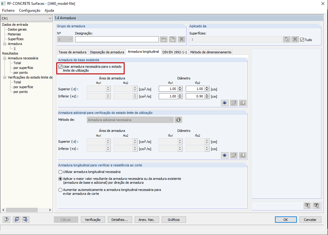 Usar a armadura necessária para a verificação do estado limite de utilização