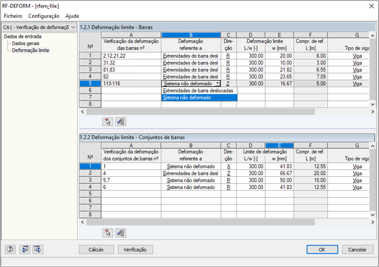 Definição de deformações limite para barras e conjuntos de barras no RF-DEFORM