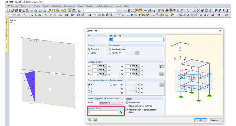Corte através da superfície