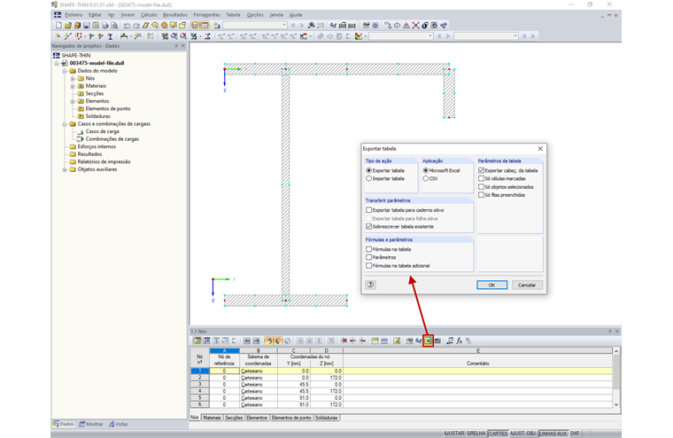Caixa de diálogo Exportar tabela