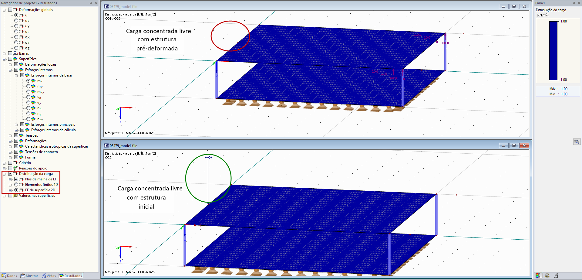 Consideração de uma carga concentrada livre com a estrutura pré-deformada