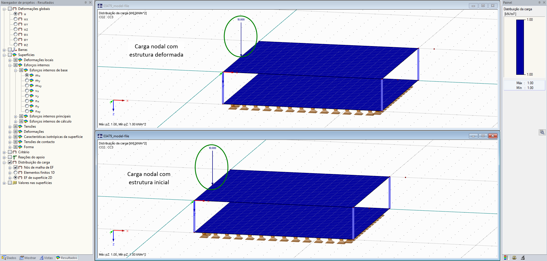 Consideração de uma carga nodal com a estrutura pré-deformada