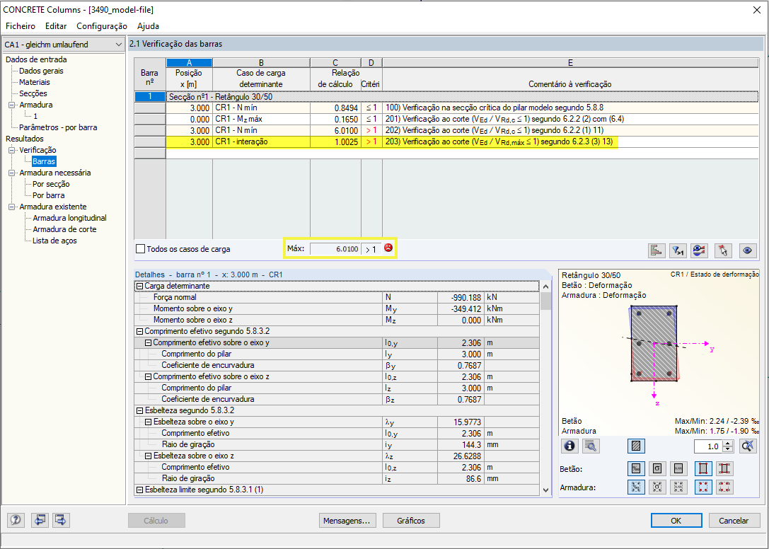 VRd,máx e saída do critério de verificação VEd/VRd,c excedidos