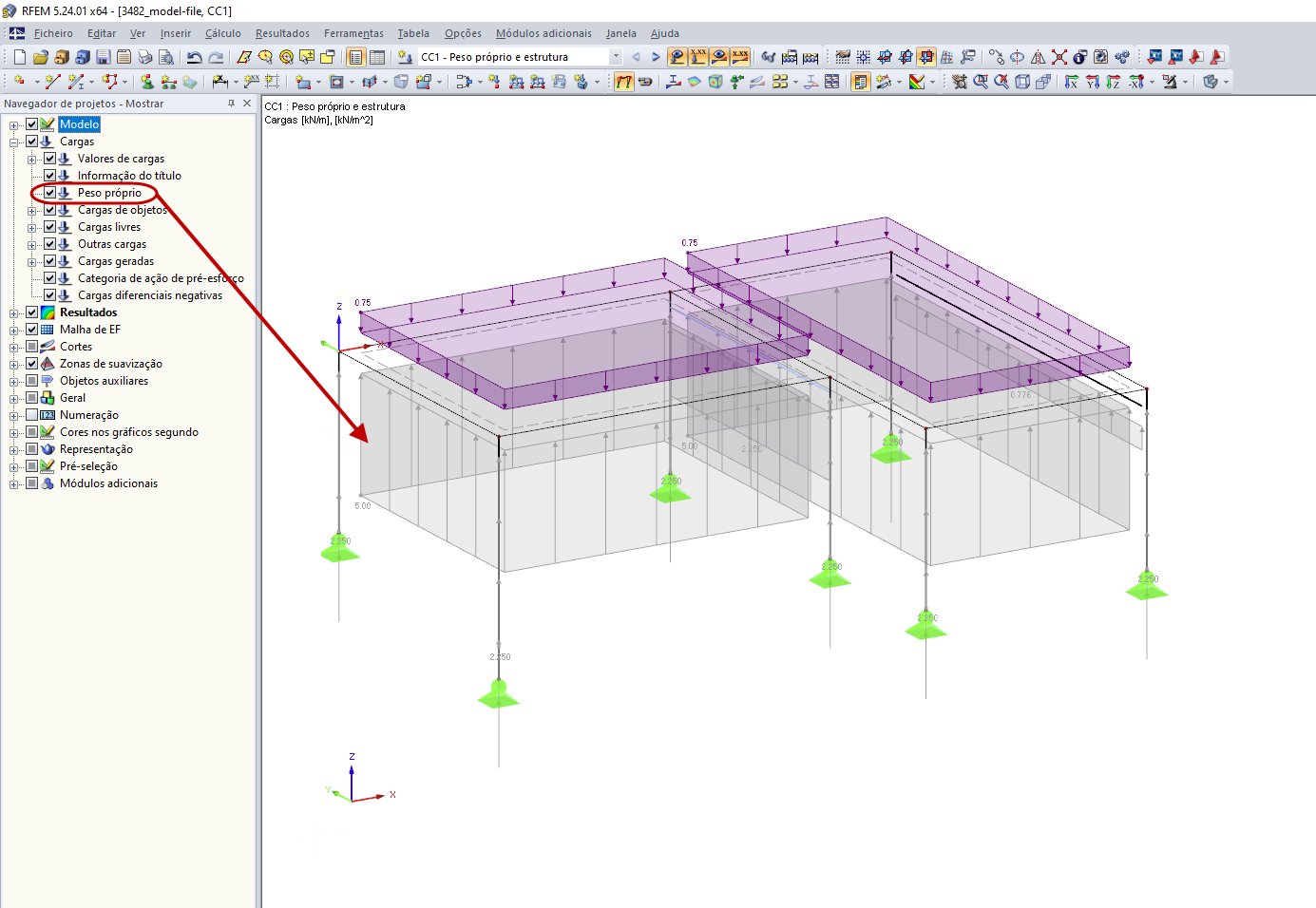 Ativação do controlo gráfico do peso próprio