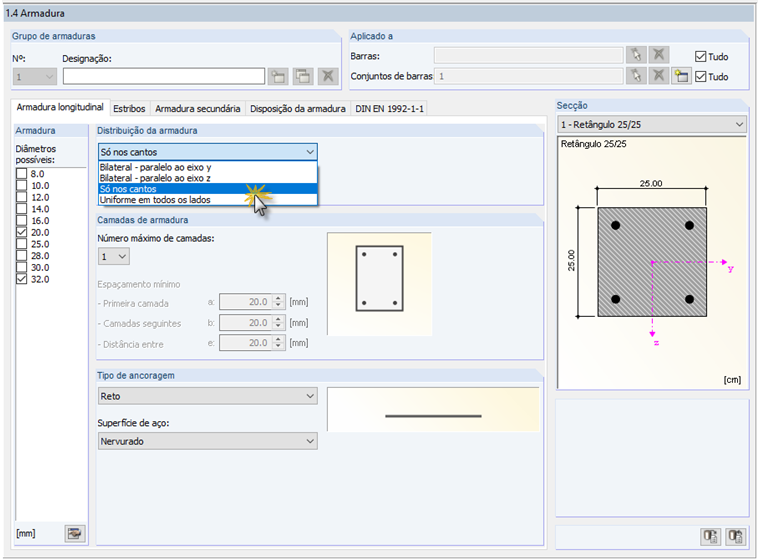 Especificação da armadura longitudinal para a verificação de um pilar modelo